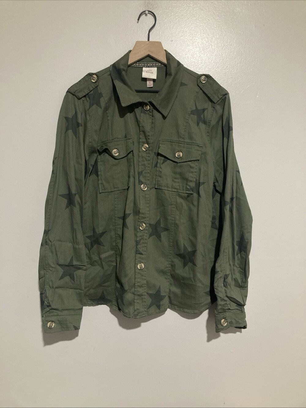 Knox Rose Women’s Lightweight Jacket Olive Green Star Print Button Front Size XL